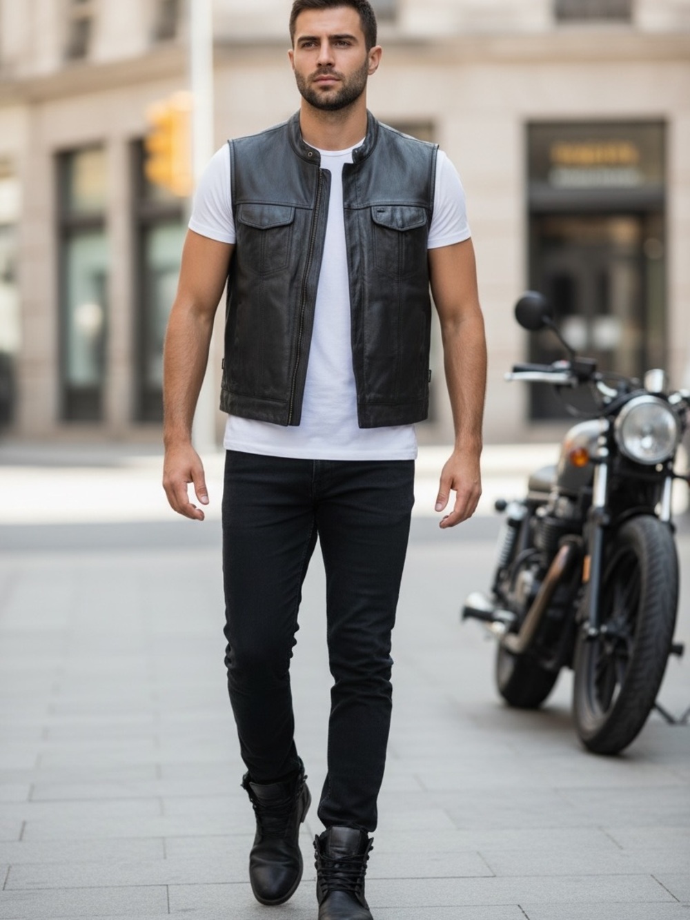 Street & Steel Leather Motorcycle Vest - Sleek Sleeveless Riding